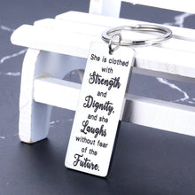 Load image into Gallery viewer, Gifts for Women Teen Girls Inspirational Keychain Gifts for Best Friends Proverbs 31:25 Birthday Christmas Present for Girlfriend Daughter Sister Graduation Back to School Key Ring for College Senior