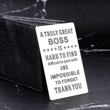 Load image into Gallery viewer, Boss Gifts Wallet Card Insert for Men Office, Employee Thank You Appreciation Gifts for Boss Mentor Leader, Boss Day Gifts for Boss Woman, Christmas Farewell Retirement Gifts for Women Men Coworker