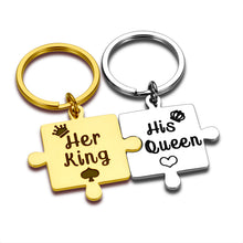 Load image into Gallery viewer, Couple Christmas Gifts His Queen Her King Keychain Valentines Jewelry Anniversary Birthday Gifts for Boyfriend Girlfriend Husband Wife 2 Puzzle Pieces Pendant for Lover Wedding Present